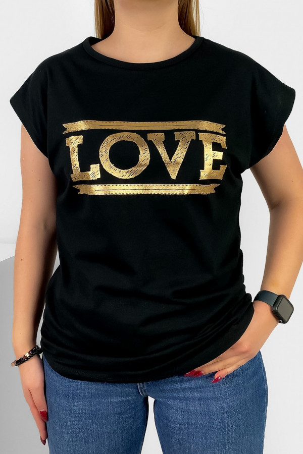 T-shirt damski nietoperz w kolorze czarnym złoty print napis Love