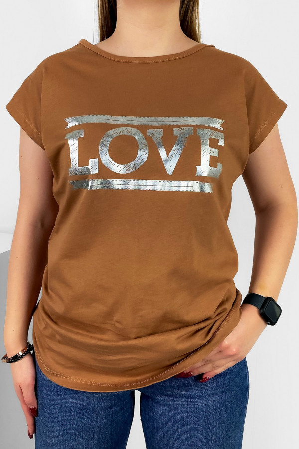 T-shirt damski nietoperz w kolorze cynamonowym srebrny print napis Love