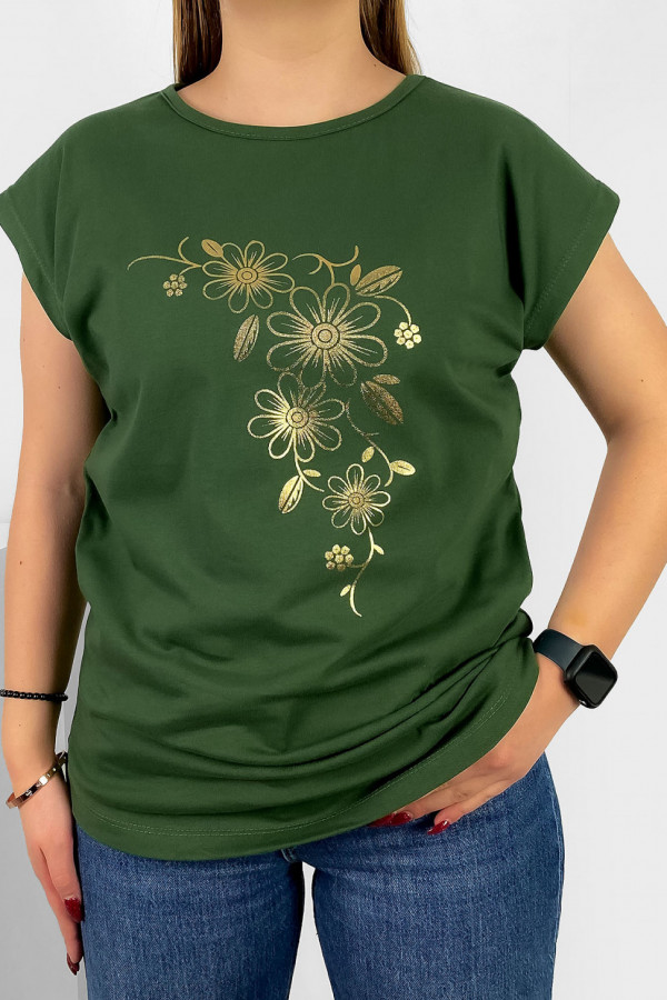 T-shirt damski nietoperz w kolorze zielonym złoty print kwiaty