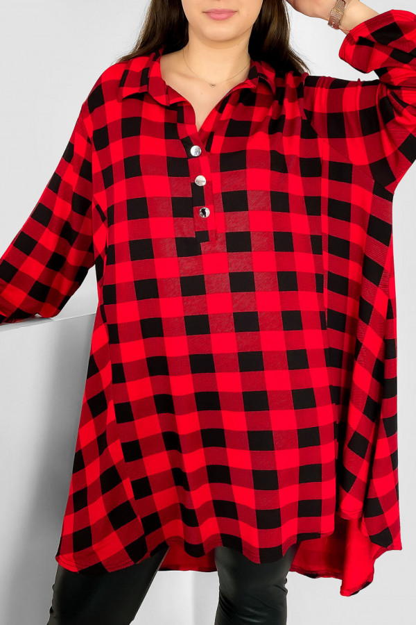 Długa koszula w kratkę tunika w kolorze czerwono czarnym ozdobne guziki Ofany 1