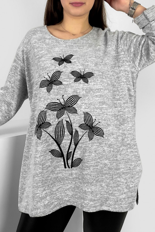 Milutka bluzka plus size w kolorze szary melanż rozcięcia wzór kwiaty motyle Hayami