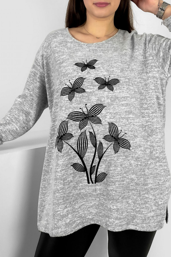 Milutka bluzka plus size w kolorze szary melanż rozcięcia wzór kwiaty motyle Hayami 2
