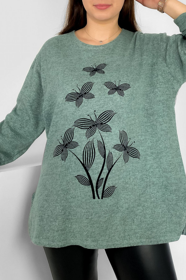 Milutka bluzka plus size w kolorze miętowym melanż rozcięcia wzór kwiaty motyle Hayami 1