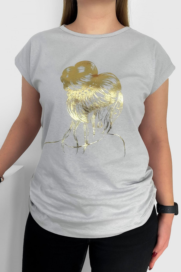 T-shirt damski nietoperz w kolorze szarym złoty print kobieta kok