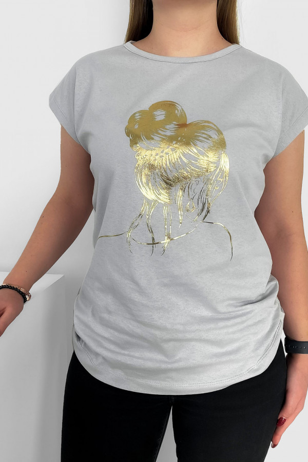 T-shirt damski nietoperz w kolorze szarym złoty print kobieta kok 1
