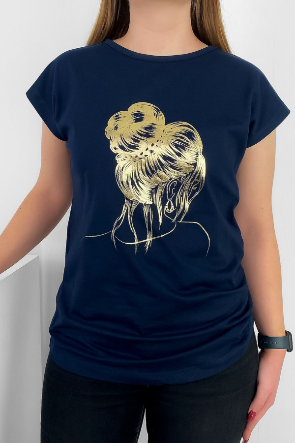 T-shirt damski nietoperz w kolorze granatowym złoty print kobieta kok