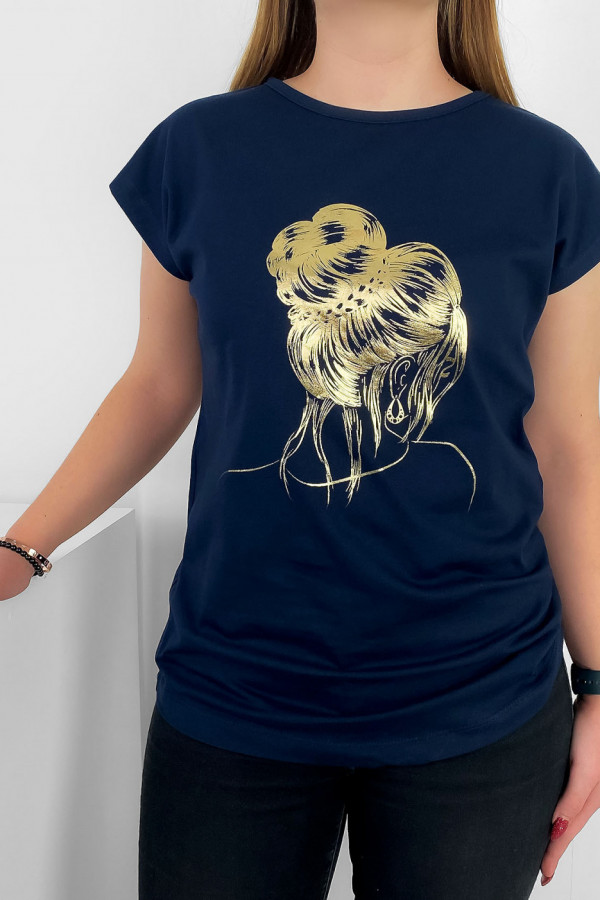 T-shirt damski nietoperz w kolorze granatowym złoty print kobieta kok 1