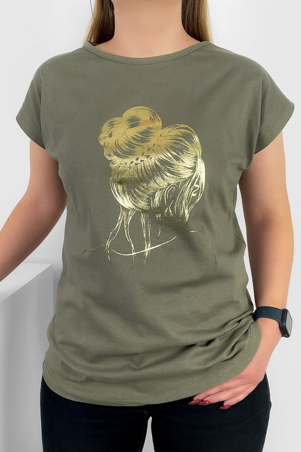 T-shirt damski nietoperz w kolorze khaki złoty print kobieta kok 2