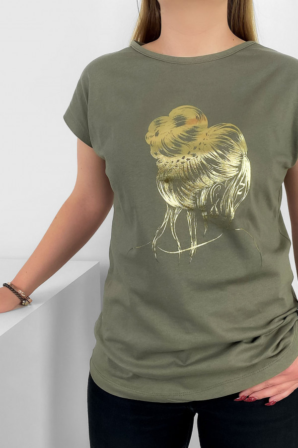 T-shirt damski nietoperz w kolorze khaki złoty print kobieta kok 1