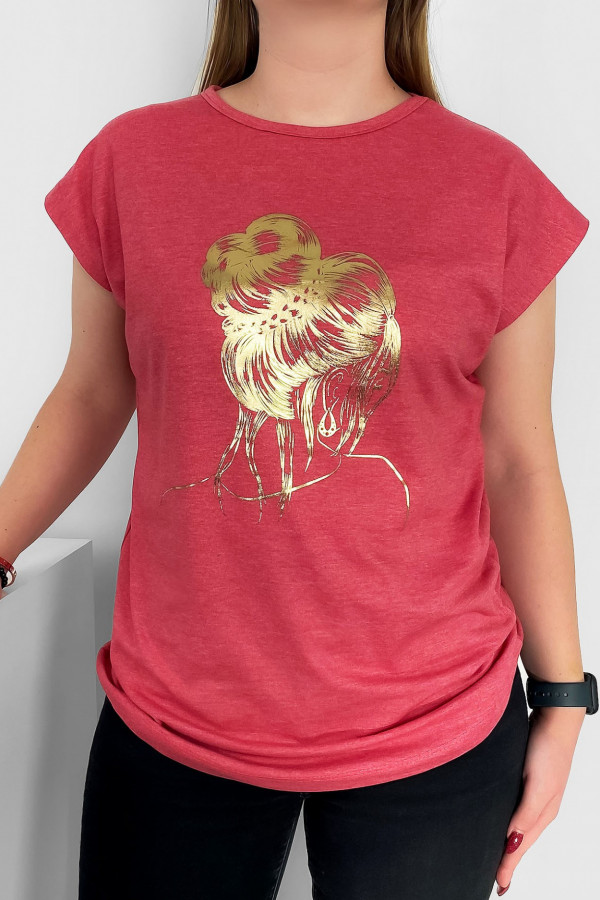 T-shirt damski nietoperz w kolorze truskawkowym złoty print kobieta kok