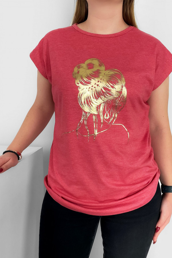 T-shirt damski nietoperz w kolorze truskawkowym złoty print kobieta kok 1