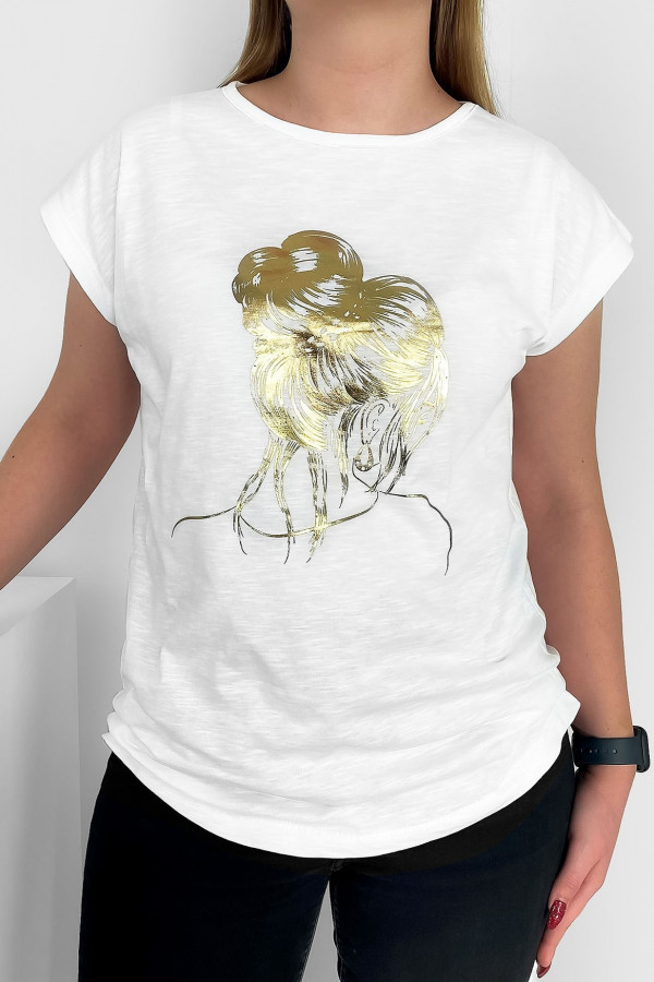T-shirt damski nietoperz w kolorze białym złoty print kobieta kok