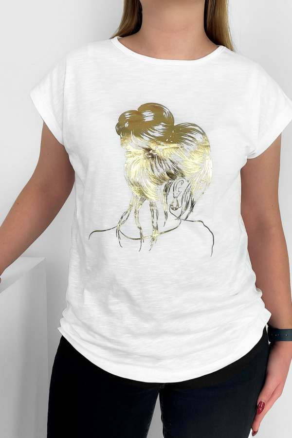 T-shirt damski nietoperz w kolorze białym złoty print kobieta kok 1