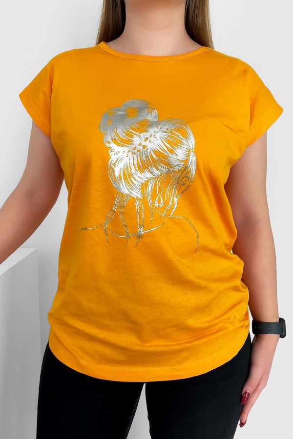 T-shirt damski nietoperz w kolorze pomarańczowym złoty print kobieta kok