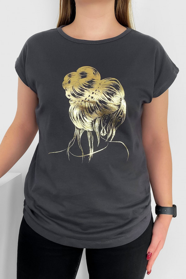 T-shirt damski nietoperz w kolorze grafitowym złoty print kobieta kok