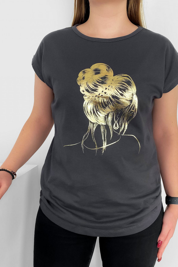 T-shirt damski nietoperz w kolorze grafitowym złoty print kobieta kok 1