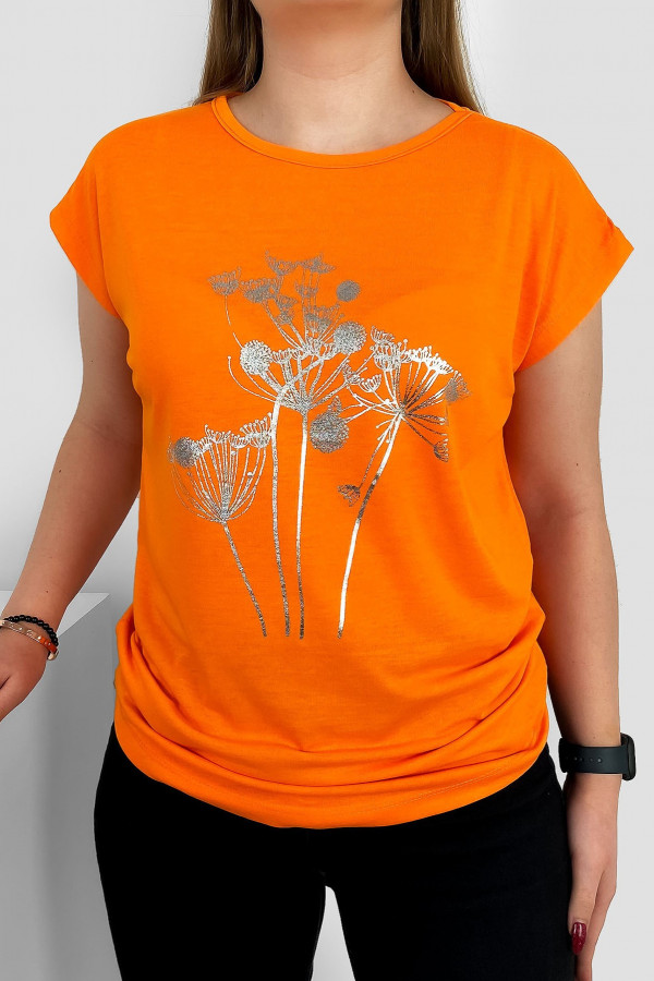 T-shirt damski nietoperz w kolorze pomarańczowym srebrny print dmuchawce