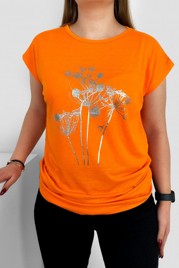 T-shirt damski nietoperz w kolorze pomarańczowym srebrny print dmuchawce 1