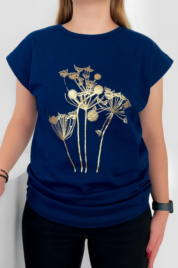 T-shirt damski nietoperz w kolorze granatowym złoty print dmuchawce