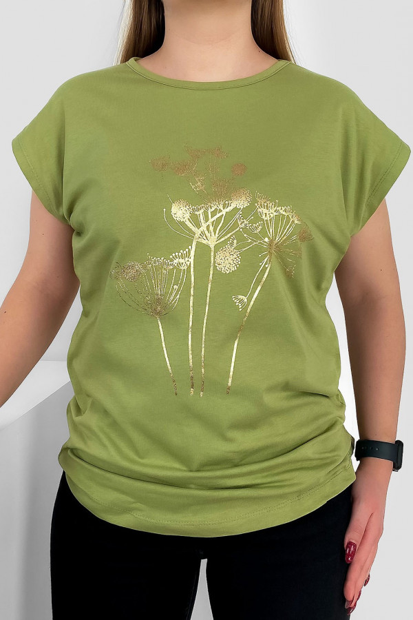 T-shirt damski nietoperz w kolorze oliwkowym złoty print dmuchawce