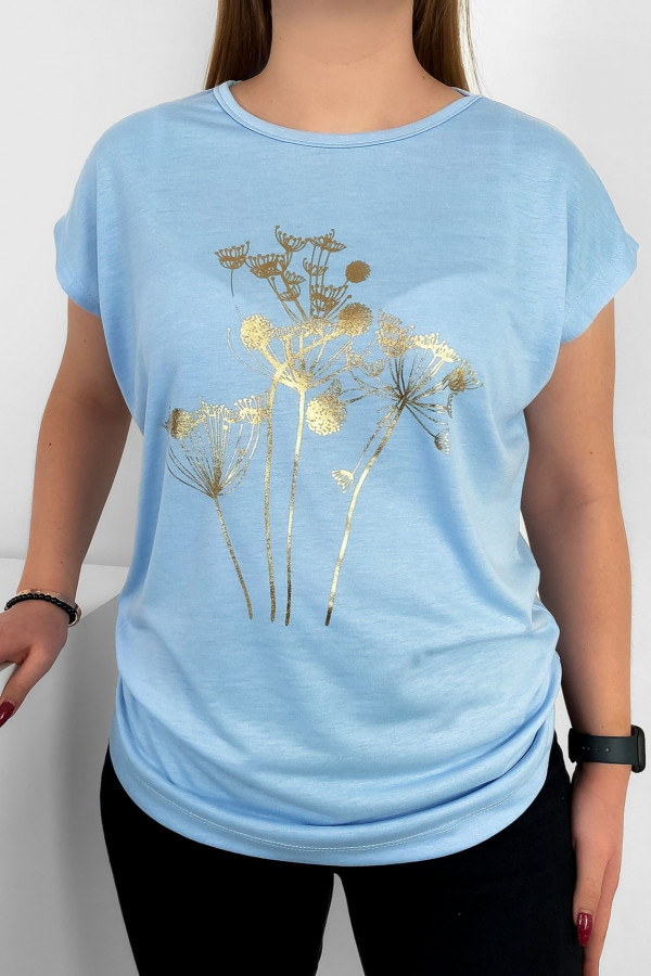 T-shirt damski nietoperz w kolorze błękitnym złoty print dmuchawce