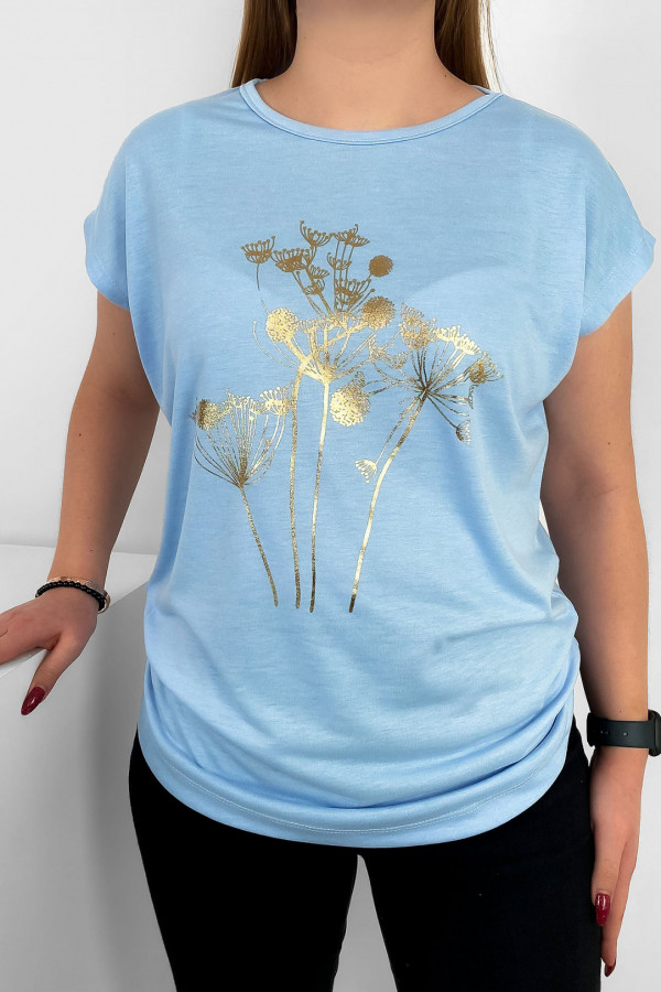 T-shirt damski nietoperz w kolorze błękitnym złoty print dmuchawce 1