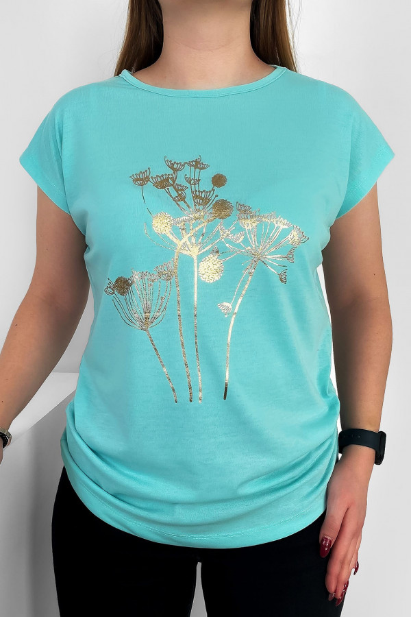 T-shirt damski nietoperz w kolorze miętowym złoty print dmuchawce