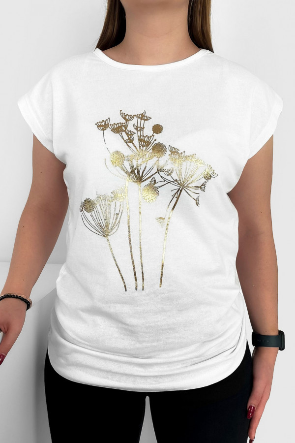 T-shirt damski nietoperz w kolorze białym złoty print dmuchawce 1