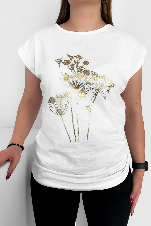 T-shirt damski nietoperz w kolorze białym złoty print dmuchawce 2