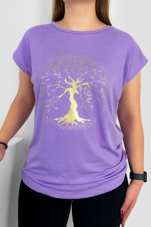 T-shirt damski nietoperz w kolorze lila fiolet złoty print drzewo