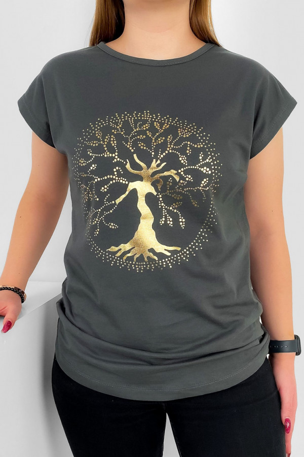 T-shirt damski nietoperz w kolorze antracytowym złoty print drzewo