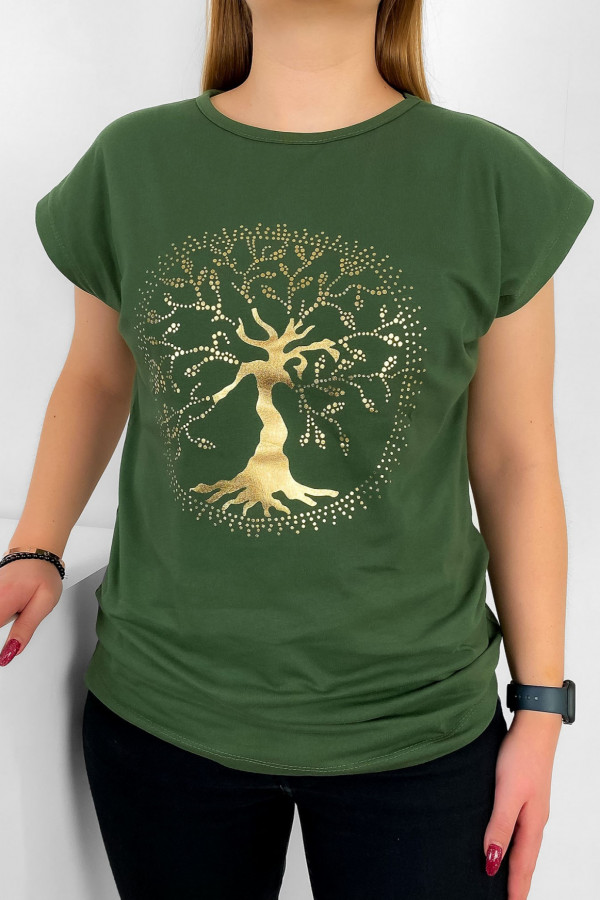 T-shirt damski nietoperz w kolorze zielonym złoty print drzewo