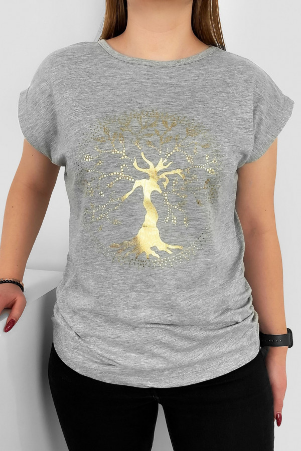 T-shirt damski nietoperz w kolorze szary melanż złoty print drzewo