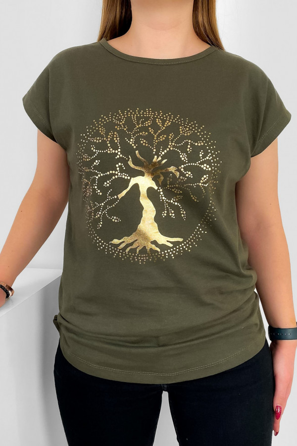 T-shirt damski nietoperz w kolorze grafitowego beżu złoty print drzewo