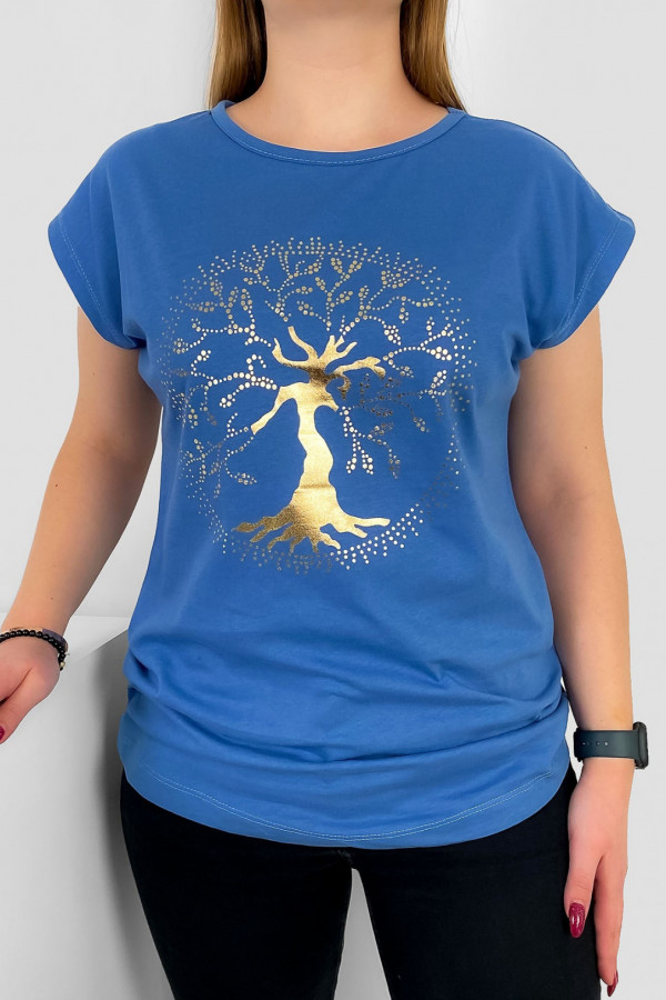 T-shirt damski nietoperz w kolorze denim złoty print drzewo