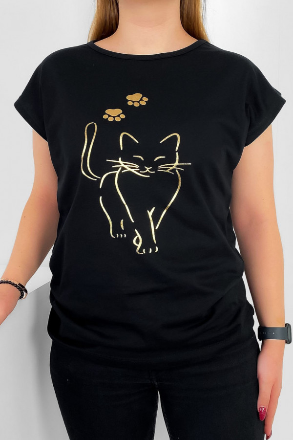 T-shirt damski nietoperz w kolorze czarnym złoty kot cat