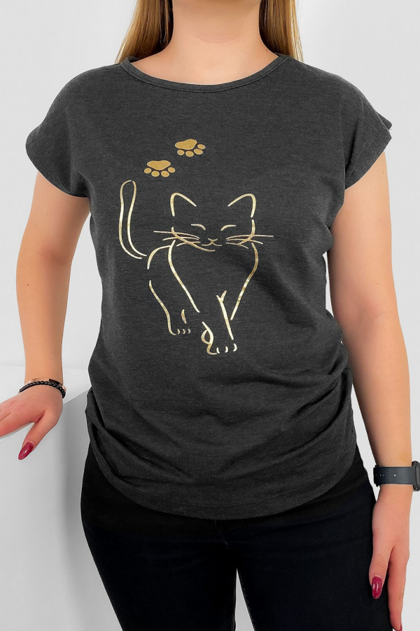 T-shirt damski nietoperz w kolorze grafitowy melanż złoty kot cat