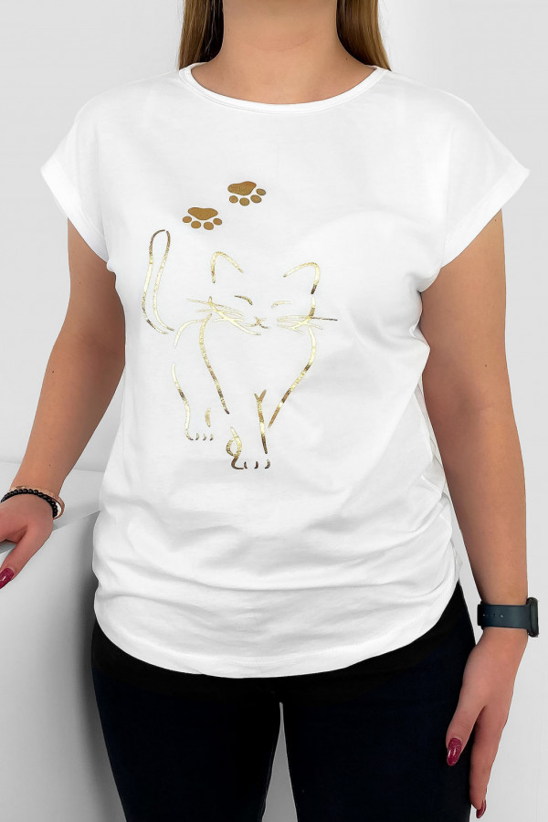 T-shirt damski nietoperz w kolorze białym złoty kot cat