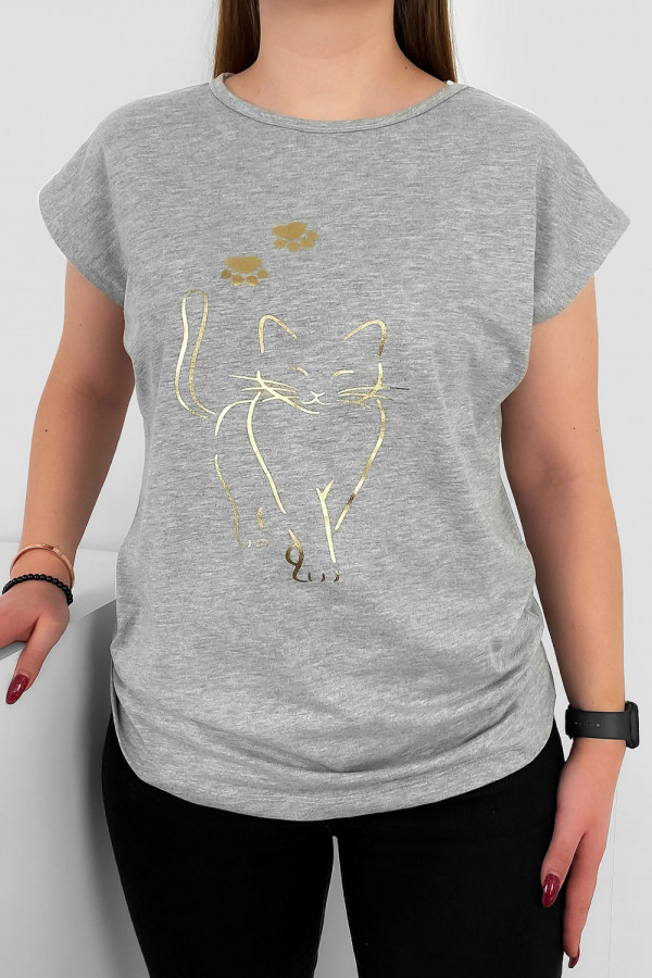 T-shirt damski nietoperz w kolorze szary melanż złoty kot cat