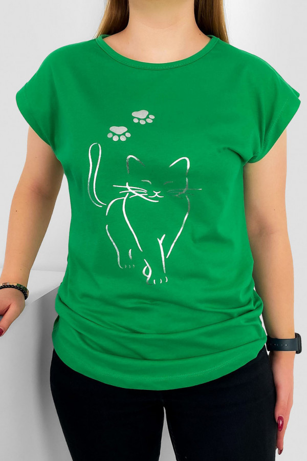 T-shirt damski nietoperz w kolorze zielonym srebrny kot cat