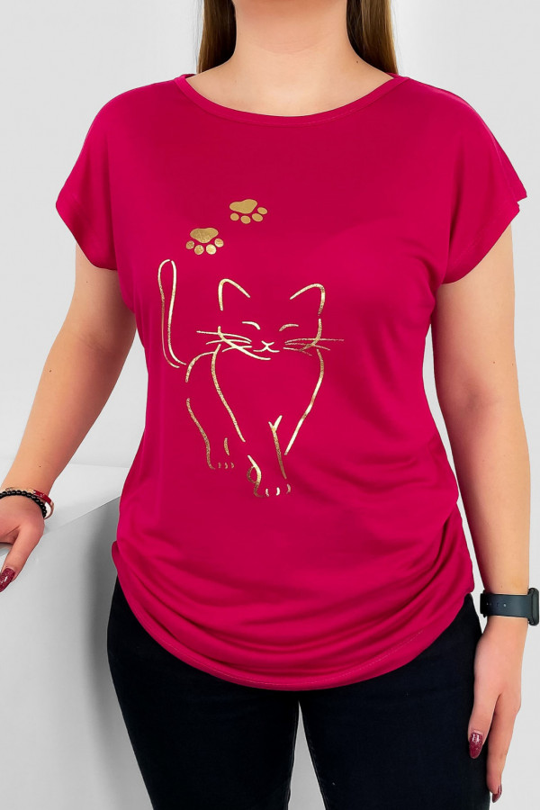 T-shirt damski nietoperz w kolorze malinowym złoty kot cat