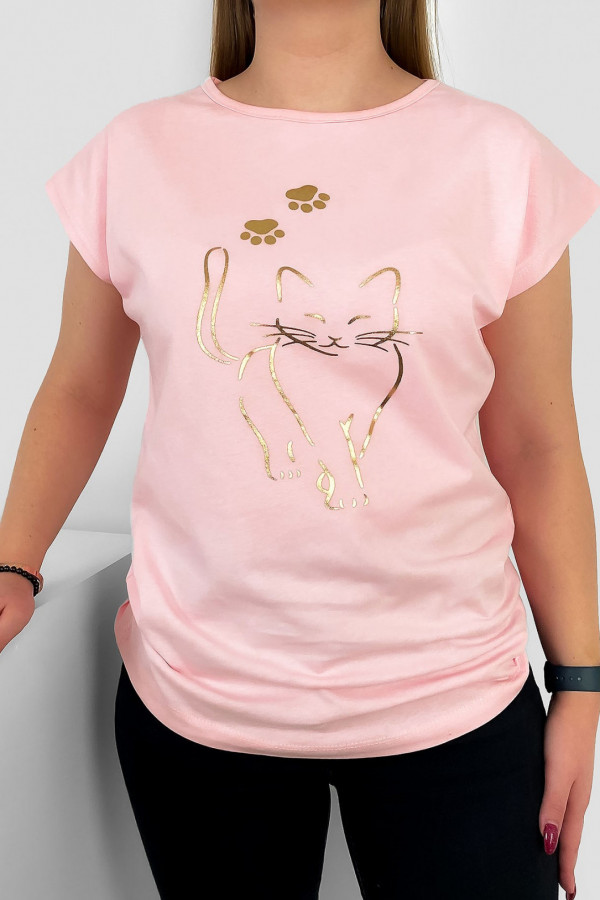 T-shirt damski nietoperz w kolorze pudrowym złoty kot cat