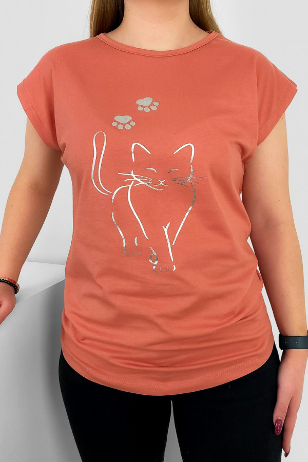 T-shirt damski nietoperz w kolorze brzoskwiniowym srebrny kot cat