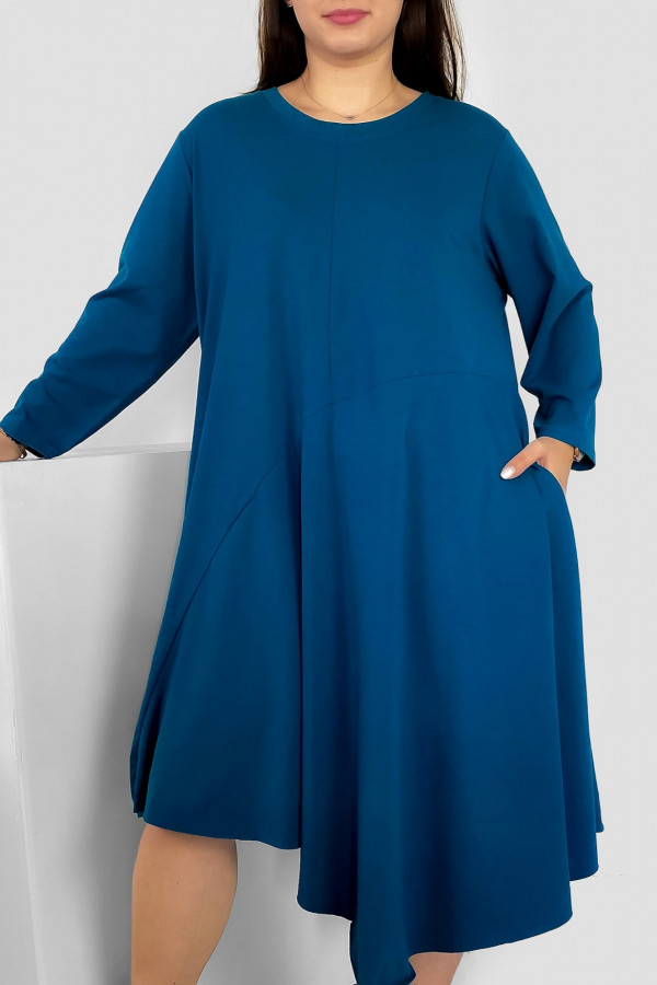 Sukienka plus size w kolorze morskim z kieszeniami asymetryczny przód długi rękaw Shea
