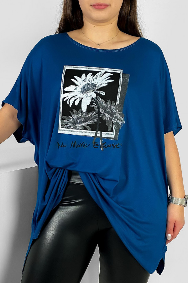 Tunika plus size luźna bluzka z wiskozy w kolorze morskim kwiaty sunflower