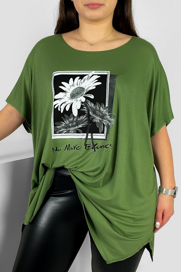 Tunika plus size luźna bluzka z wiskozy w kolorze oliwkowym kwiaty sunflower