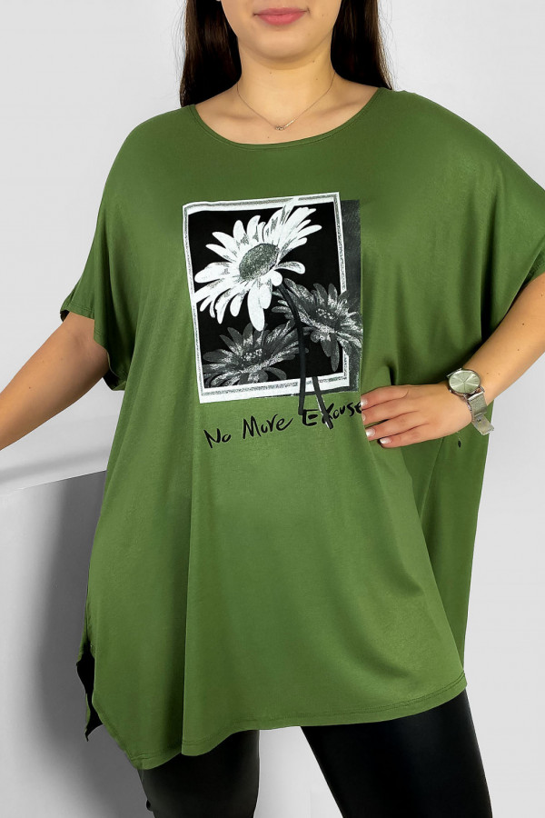 Tunika plus size luźna bluzka z wiskozy w kolorze oliwkowym kwiaty sunflower 1