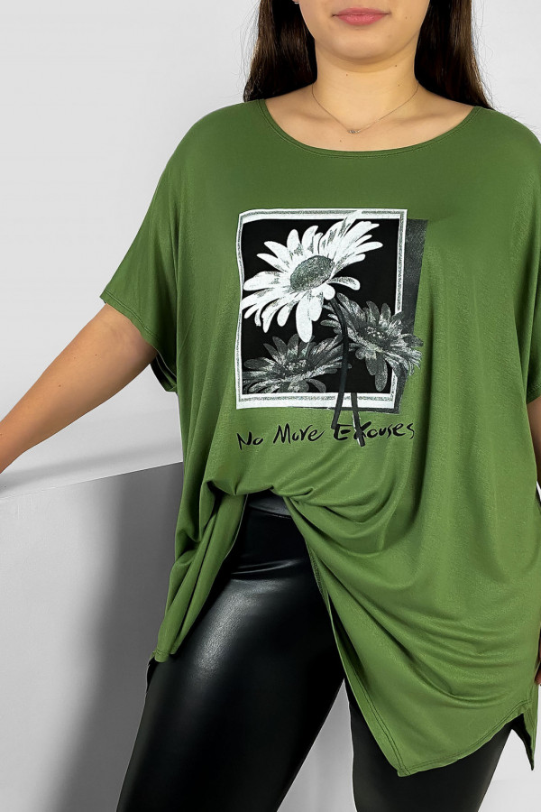 Tunika plus size luźna bluzka z wiskozy w kolorze oliwkowym kwiaty sunflower 2