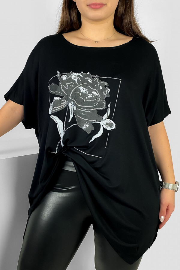 Tunika plus size luźna bluzka z wiskozy w kolorze czarnym kwiat flower