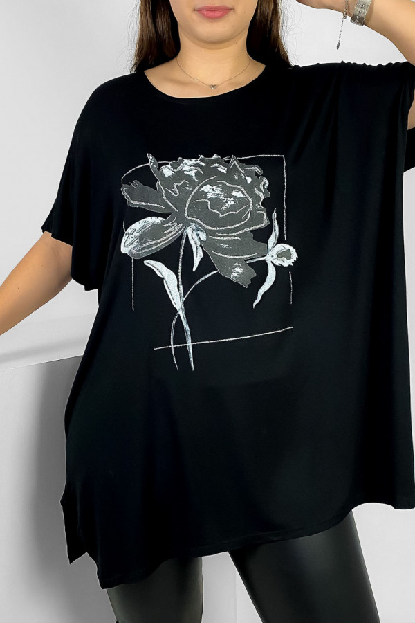 Tunika plus size luźna bluzka z wiskozy w kolorze czarnym kwiat flower 1